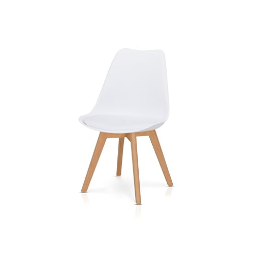 KHG Esszimmerstuhl Polsterstuhl Skandi Look - Stuhlbeine Massivholz Buche, Kunststoff Sitzschale, gepolstertes Kunstleder-Sitzkissen, modern & pflegeleicht, belastbar bis 150 kg - Weiß