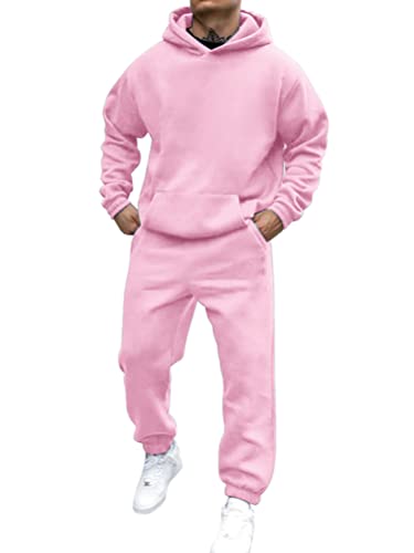 shownicer Sportbekleidung Trainingsanzug Herren Einfarbig Hoodie Mit Kapuze Langarm Mit Taschen Hausanzug 2-Teilig Herbst Winter Kapuzenjacke Jogginghose Jogginganzug Set A Rosa L
