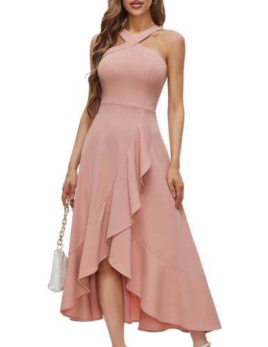 Bbonlinedress Herbstkleid Damen lang Abendkleider elegant für Hochzeit Brautjungfernkleider Neckholder High Low Cocktailkleid Party Strandkleid Blush M
