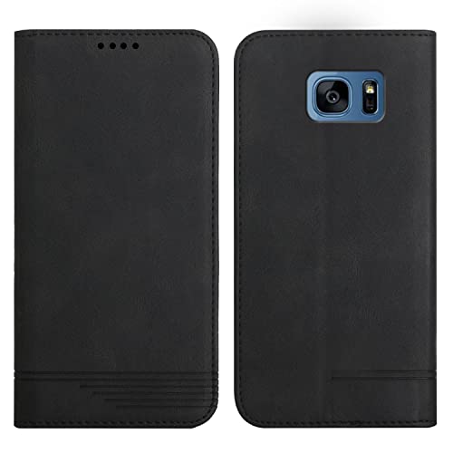 Klapphülle Kompatible für Samsung Galaxy S7, Einfarbig PU Lederhülle Weich TPU Handyhülle mit Kartenfach Stark Magnetverschluss Flip Case -Schwarz
