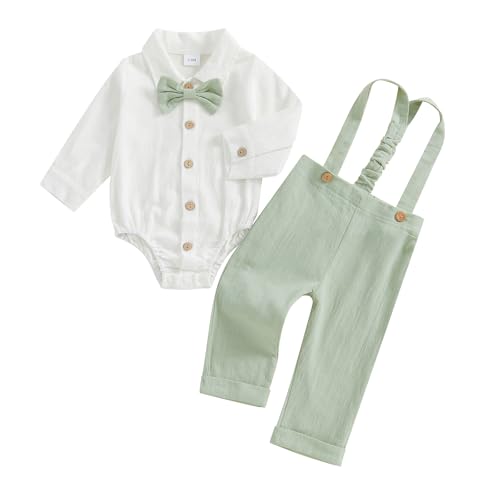 Geagodelia Baby Jungen Kleidung Taufanzug Outfit Babykleidung Set Langarm Body Strampler + Hose mit Hosenträger Neugeborene Weiche Babyset Zweiteiler (Grün, 6-9 Monate)