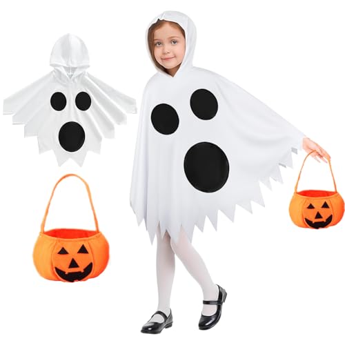 XWDEEX Gespenst Kostüm Kinder, Halloween Geister Gruselkleid Kinderkostüm G-eist mit H-alloween Kürbis Candy Bag, Halloween Geist Umhang für Hallow-een, Karneval, Mottoparty
