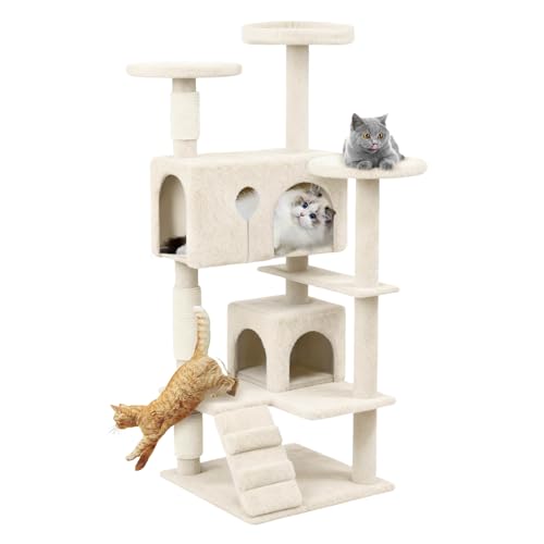 YUENFONG Kratzbaum Katzenbaum 130cm hoch Kratzbäume mit Sisal-Seil, Katzenmöbel mit 2 Katzenhaus, Katzenspielzeug inkl. Plattformen Höhle für Katzen, Beige