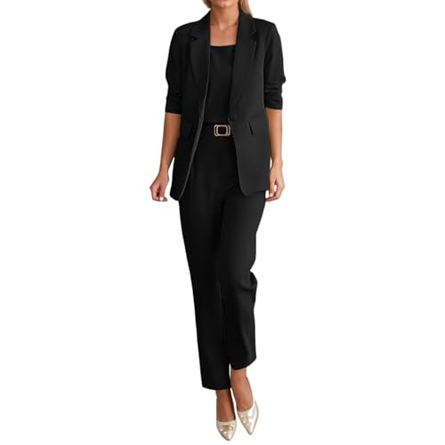 Vhersily Damen Tailleur Anzug, 3-teilig, Slim Fit, einzigartige Knopfjacke, mit Rock oder Hose, Büro Anzüge Arbeit Herbst Winter Casual Anzug Zeremonie für Abend, Übergangszeit, Schwarz , XL