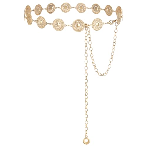 Alaoo Kettengürtel Damen,Western-Metallgürtel Cowgirl Verstellbare Metall Schnalle,Goldener Gürte mit ausgehöhlter Daisy,Kettengürtel Taillenkette Taille Gürtel für Kleider,Jeans,Pullover,Gold,F,120
