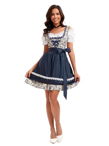 Velcoxplay Dirndl Damen midi Trachtenkleid Damen Dirndlkleid mit Spitze Trachtenmode inkl. Dirndlbluse Dirndlschürze 3 teilig für Oktoberfest Karneval Blau (Aktualisierte Version) 3XL