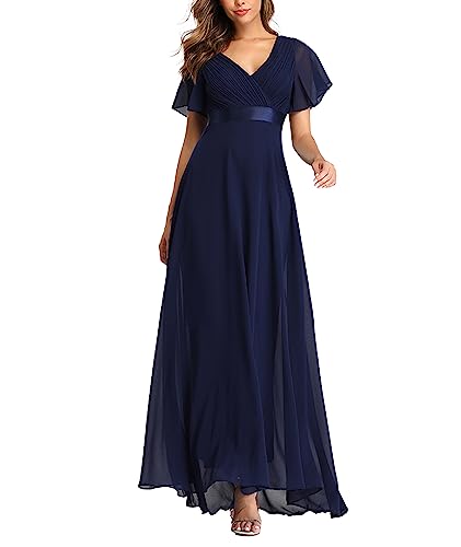 ECDAHICC Damen Abendkleider Gürtel V-Ausschnitt Hohe Taille A-Linie Chiffon Brautjungfernkleid Elegant Lang Ballkleid(ZQ,2XL)