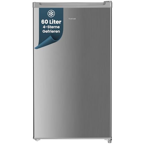 homeX Gefrierschrank, Tiefkühlschrank klein - 60L Nutzinhalt, 4-Sterne Gefrieren, Freezer kompakt, Gefrierschränke freistehend, Temperaturregelung, wechselbarer Türanschlag, leise 40 dB, silber