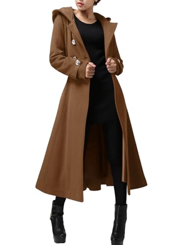 Cicy Bell Langer, zweireihiger Damenmantel mit Kapuze, Winter, warm, Wolle, Trenchcoat mit Gürtel, Braun, M