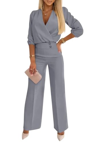 shownicer Damen Hosenanzug Festlich Hochzeit Elegant Zweiteiler Outfit 2 Teilig Set Cocktail Party Shirt Und Hohe Taille A Grau L