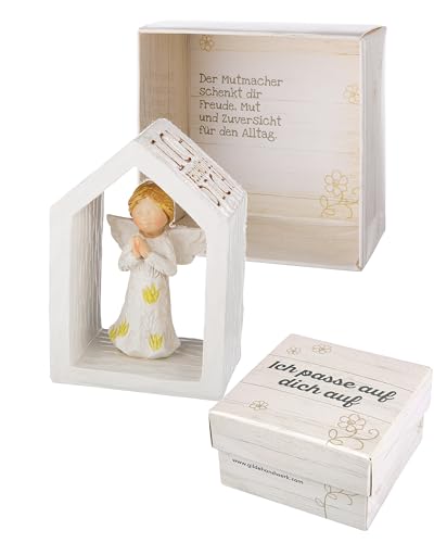 CULT at home Schutzengel Glücksbringer Geschenk – Mutmacher Geschenke in Geschenkbox Ich Passe auf Dich auf – kleine Dekofigur Engel im Rahmen Haus Höhe 8 cm – Good Luck viel Glück Prüfung Schule
