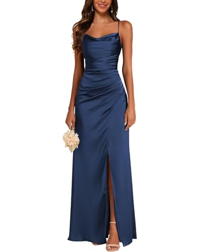 JAEDEN Satin Brautjungfernkleider Spaghettiträger - Ballkleider Lang mit Schlitz Damen Meerjungfrau Falte Abendkleid Marineblau 34