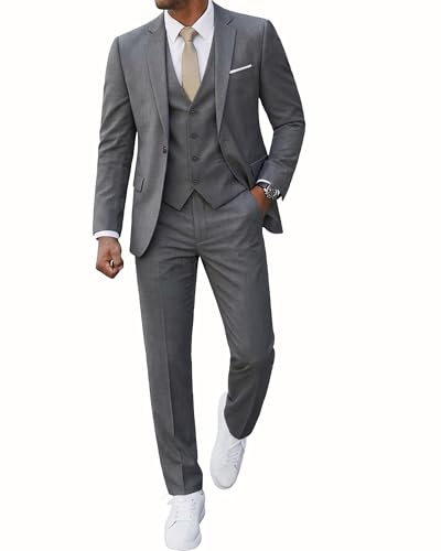 YND Herren Slim Fit 3-teiliger Anzug, EIN-Knopf, solide Jacke, Weste, Hose Set mit Krawatte, Hellgrau, L
