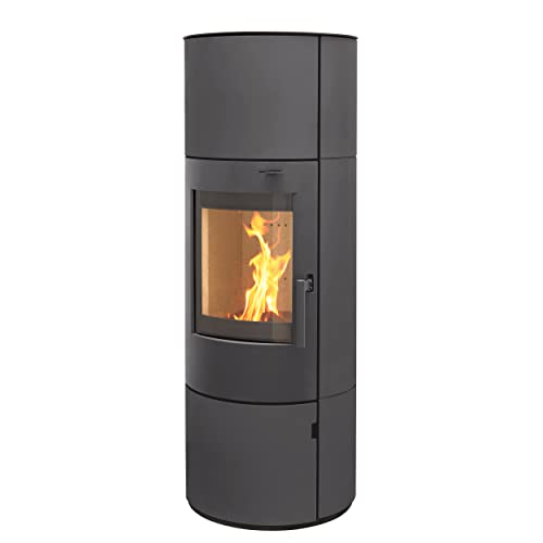 Kaminofen München XL Stahl gussgrau7kw Speicherofen Panoramatür Holzofen Dauerbrand geeignet Schwedenofen 150mm Abgasstutzen selbstschließende Tür (Bauart 1)