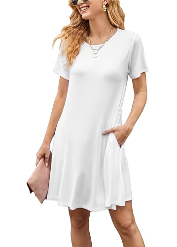 Sommerkleid Damen Knielang Casual T-Shirt Midikleid Kurzarm Loose Swing Freizeitkleid Jersey Dress Weiß S