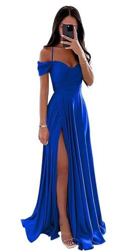 Damen Off Shoulder Satin Brautjungfernkleider Lange Spaghettiträgern Ballkleid A-Linie Formelles Abendkleid mit Schlitz