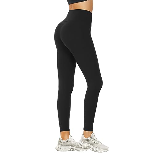 DDOBB Leggings Damen High Waist Sportleggins Lang Schwarz Leggins Blickdicht Bauchweg Sporthose Elastisch Yogahose Gym Festival Outfit(#02-Schwarz, (DE42-48)=L-XL)