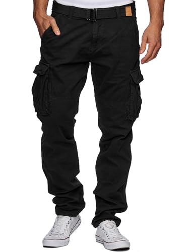 Indicode Herren William Cargohose aus Baumwolle m. 7 Taschen inkl. Gürtel | Lange Regular Fit Cargo Hose Baumwollhose Freizeithose Wanderhose Trekkinghose Outdoorhose für Männer Schwarz XL