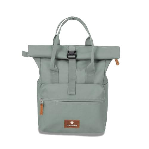 Travelite Handgepäck Rucksack, Laptop Rucksack 14 Zoll, Basics Short Handle Rollup, Reiserucksack Rolltop Funktion, Mint, 37-46 cm, 14 Liter