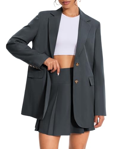 Casly Lamiit Damen 2-teiliges Rock-Set Business Casual Blazer Anzug Mini Plissee Skorts Knopf Jacken Passende Outfits, grau dunkel, Mittel