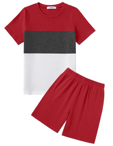 Arshiner Jungen Tshirt mit Short Set Sommer Freizeit Bekleidungssets Kurzarmshirt Zweiteiliges Farbblock-Mode Outfits für Jungen 11-12 Jahre