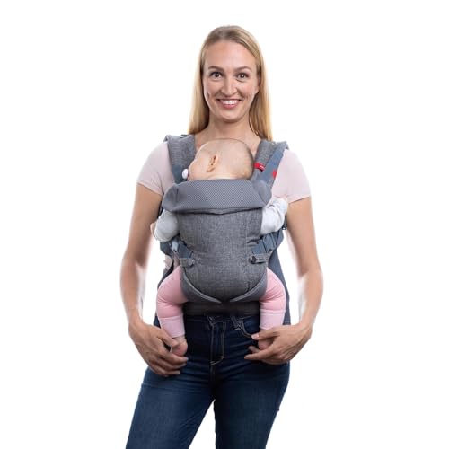 YOU+ME 4-in-1 Babytrage Neugeborene ab Geburt bis Kleinkind (3,6–14,5 kg) - Ergonomische, hüftfreundliche Baby Trage mit atmungsaktiven 3D-Mesh-Einsätzen, Baby Tragegurt mit 2-in-1-Lätzchen (Grau)