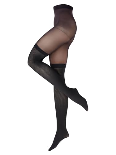 NUR DIE Damen Strumpfhose Overknee 20 DEN – Transparente Feinstrumpfhose mit angenähtem Overknee in modischer Ripp-Struktur, weiches Material - schwarz - Größe 38-40