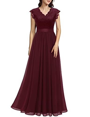 Dressystar Damen Maxi Abendkleid Lang Elegant für Hochzeit Spitze Chiffon Bodenlang Ballkleider Cocktailkeider Burgundy M