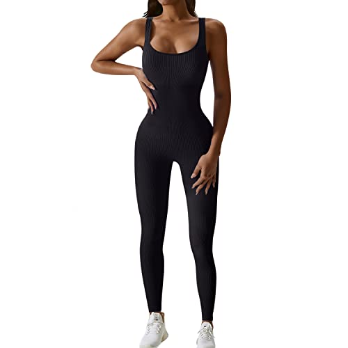 JN JANPRINT Jumpsuit Damen Kuschelig Sport Overall Eng Workout Bodysuit One Piece Tank Tops Strampler Gerippte Jumpsuits Sportanzug Einteiliger(Schwarz,L)