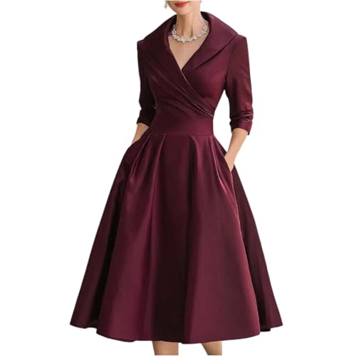 Generisch Abendkleider Elegant für Hochzeit Rockabilly Kleid Damen V-Ausschnitt Midi Festliche Kleider für Hochzeit Vintage Cocktailkleid Langarm Winterkleid Wine M