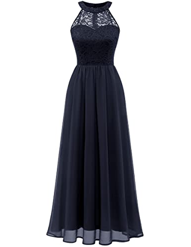 Wedtrend Damen Brautjungfer Kleid Lang Chiffon Abendkleid Party Brautjungfernkleider Neckholder Marineblau WT0201 Navy L