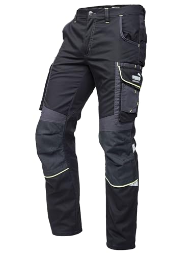 PUMA Workwear Precision X - Arbeitshose Herren - Premium Arbeitskleidung mit vielen Taschen und verstärkten Kniepartien - Funktionshose mit Stretch für Handwerk und Baugewerbe - Schwarz/Neon - 52