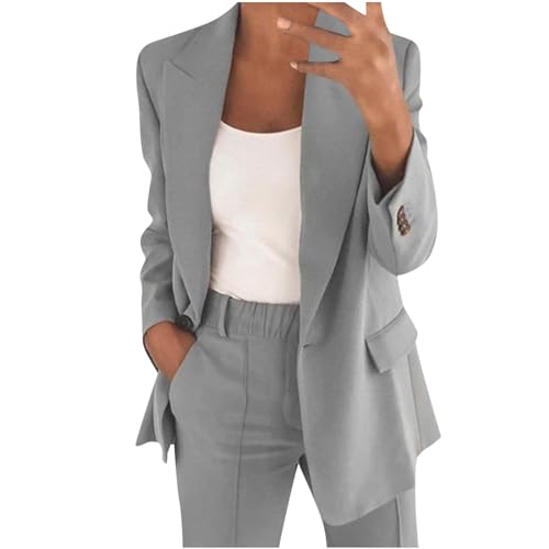 EMATOP Hosenanzug Damen Elegant Business Anzug Set 2-teilig Slim fit Blazer Hose Outfit Sportlich Casual Freizeitanzug Mode Revers Longblazer Lang Hosen Tracksuit Baumwolle Einfarbig Streetwear