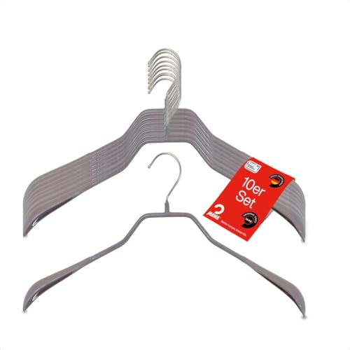MAWA Kleiderbügel, Set mit 10 körpergeformten Metallkleiderbügeln, ideal für Mäntel, Jacken, Blazer und Anzüge, 360° drehbarer Haken, Antirutschbeschichtung, 42 cm, Steingrau