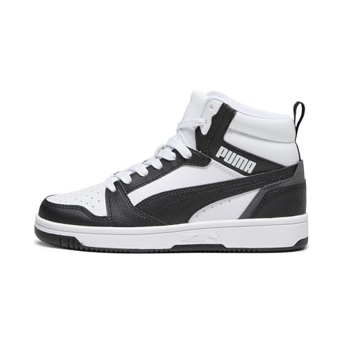 PUMA Unisex Kinder Rebound V6 Mid Jr Sneaker, Puma White Puma Black Shadow Gray, 37 EU