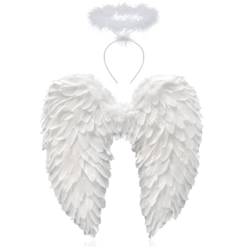 60CM Engelsflügel Weiß mit Heiligenschein,Engel Flügel,Federflügel Engel,Engels Flügel Kostüm,Engel Flügel für Damen und Mädchen,Party Fasching Kostüme Deko,Kostümparty Verkleidung