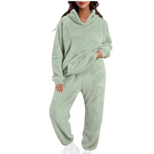 Hausanzug Damen Kuschelig Zweiteiler Lounge Set Warm Fleece Kleidung Frauen Hoodie und Hose Jogginganzug Loungewear Winter Outfit Flauschig Homewear 2 Teiler Lang Kuschelanzug Freizeitanzug Grün M