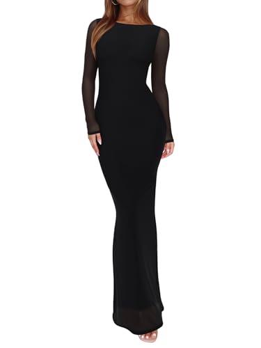 REORIA Damenkleid aus Netzstoff, durchscheinend, langärmelig, für Hochzeitsgäste, sexy, Blumenmuster, figurbetont, Maxikleider, Schwarz Onyx, Klein