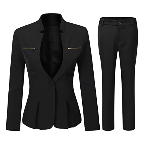 YYNUDA Anzug Set Damen Blazer mit Rock/Hose Slim Fit Hosenanzug Elegant Business Outfit für Office Schwarz+Hose XL