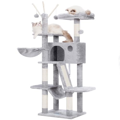 Hey-Brother Kratzbaum, 135 cm Indoor Katzenbaum, Mit gepolsterter Plattform Bett, Spielzeug Ball, Höhlen, Hängematte und Sisal Kratzbaum Katzenhaus, Hellgrau MPJ019-SW