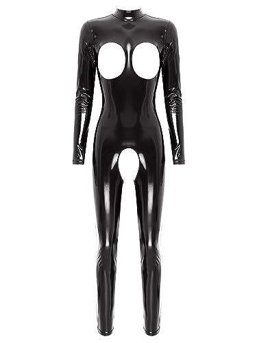 TiaoBug Damen Wetlook Bodysuit Ouvert Hose Latex Catsuit Lack Leder Overall Jumpsuit Langarm Top Hot Pants Sexy Dessous Gogo Clubwear Schwarz F S