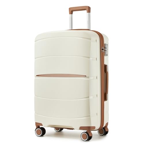 KONO Koffer Mittelgroß Leicht Polypropylen Hartschalenkoffer L Größe Reisekoffer Mittelgroß mit 4 Rollen und TSA Schloss, 66.5×45.5×24 cm, 61 L, Creme/Braun
