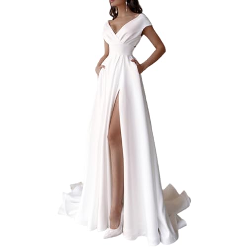 Damen Elegant Lange Ballkleider V-Ausschnitt Schlitz A-Linie Abendkleider Sexy Schulterfrei Maxikleid Kräuselsaum Bodenlang Hochzeitskleid Formeller Lang Prinzessin Brautjungfer Kleid