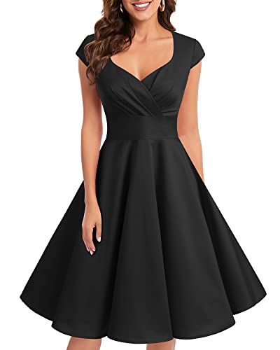 bbonlinedress 1950er Vintage Retro Cocktailkleid Rockabilly V-Ausschnitt Faltenrock Black S