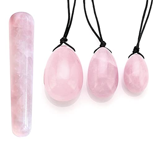 GEHECRST Rosenquarz Yoni Ei Massagestab， Kristall Yoni Eier Set mit 3 Größen, Yoni Egg Massage Stein für Damen Muskeln Massage in Kegel-Übungen
