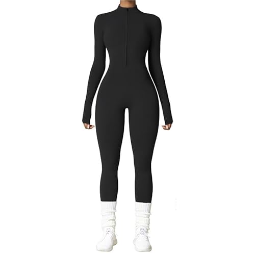 Vmhkjo Jumpsuit Damen Lang Eng Thermo Langarm Reißverschluss Overall Einteiler Yoga Bodycon Bodysuit Slim Fit Warm Gefütterte Ganzkörperanzug,Schwarz,S