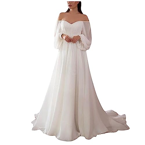 Abendkleider Elegant Für Hochzeit Lang Chiffon Hochzeitskleid Weiß Festliches Kleid Schulterfrei Brautjungfernkleider Ballkleid Damen Lang Cocktailkleid Rückenfrei Brautkleid Frauen A Linie
