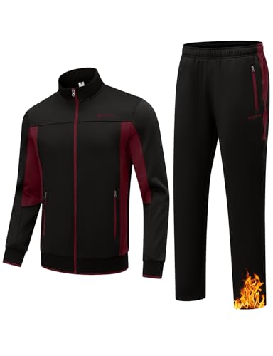 TBMPOY Herren-Trainingsanzüge mit Fleece-Futter, 2-teiliges Set, Winter, Jogging, Sweat-Anzüge, Thermo-Casual-Outfits, Schwarz/Wein, Large