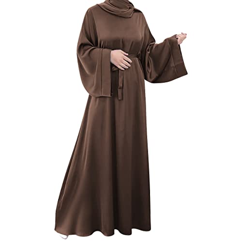 OBEEII Muslimisches Einfarbig Einteiliges Gebetskleid Full Cover Islamic Abaya Kaftan Konservative Kleidung Gebetskleid den Ramadan für Ethnische, Abend, Party Robe Kleid Muslimisches Frau Kaffee02 XL