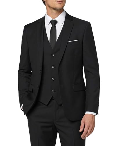 MY'S Herren 3-teiliges Slim-Fit-Anzug-Set, 2-Knopf-Blazer-Jacke, Weste, Hose mit Krawatte, solides Hochzeitskleid, Smoking und Hose, Schwarz, Large